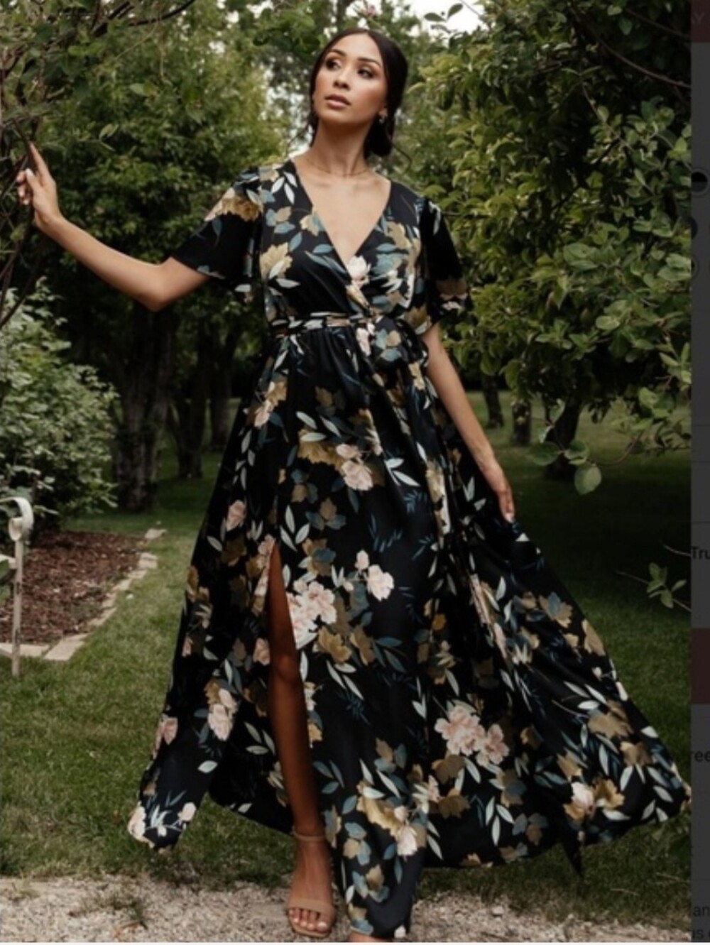 Baltic Born Womens |XL| Black Floral Sicily Satin Surplice Maxi Dress